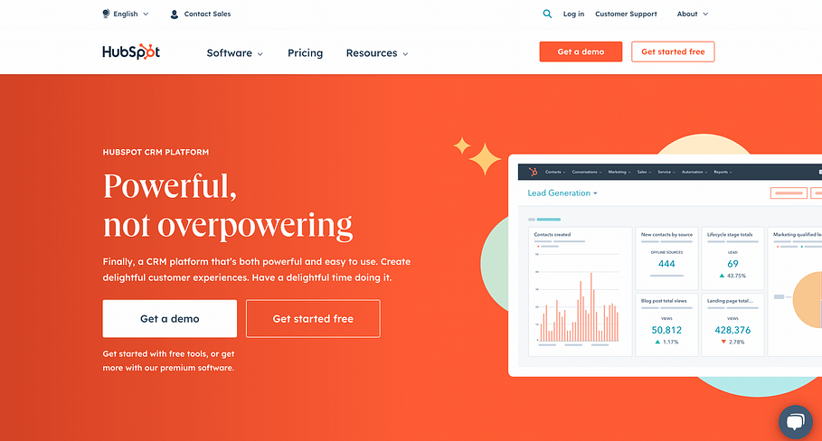 Front page of hubspot.com website H1 saying powerful, not overpowering